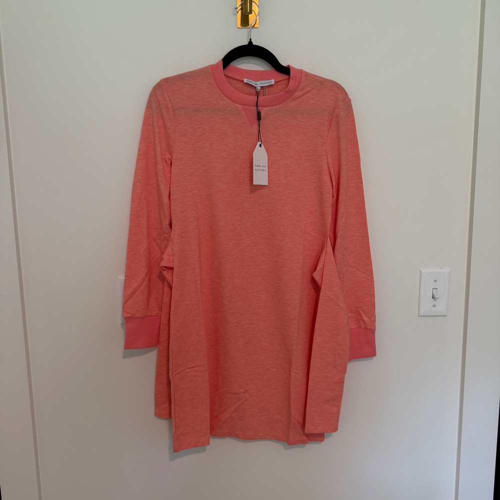 English Factory Coral Pink Tie Back‎ Long Sleeve Mini Dress Womens M NWT